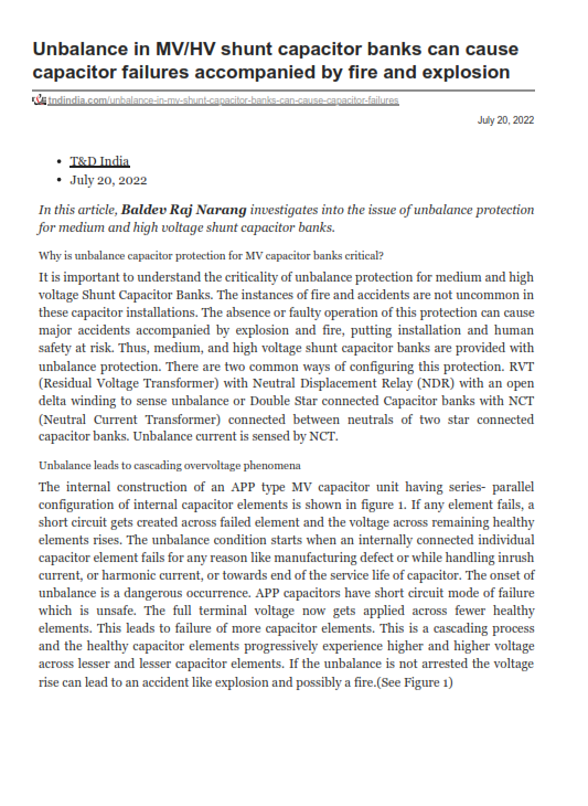 Unbalance in MVHV shunt capacitor banks can cause capacitor failures accompanied by fire and explosion